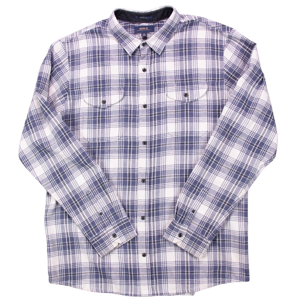 Roark Mens XL Classic Fit Blue White Plaid Flannel Long Sleeve Shirt Cotton